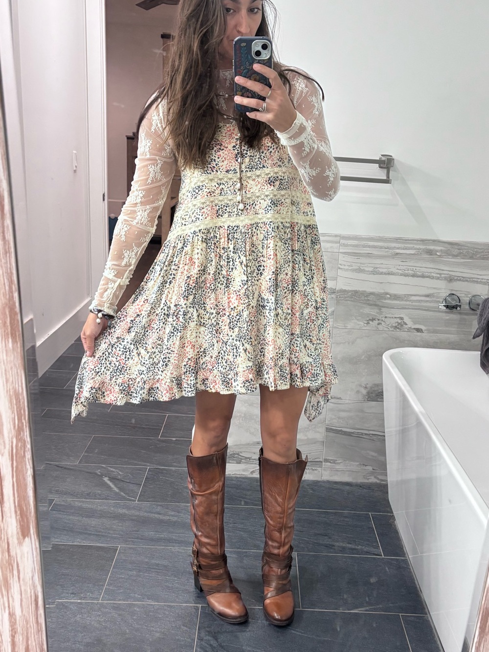 Ariat Cream, Pink, and Navy “Leopard” Print boho hankerchief dress